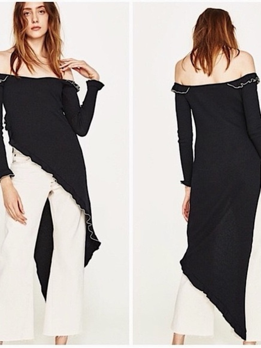Zara Black and White Ribbed Asymmetrical Long Sleeve Maxi Top